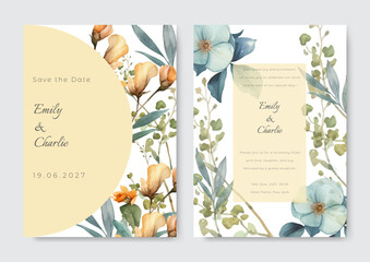 Save the date wedding invitation card with watercolor rose flower. Rustic simple wedding card