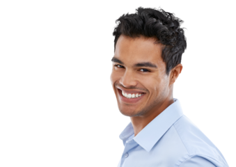 Business man, happy in portrait and face with success and positive mindset isolated on transparent png background. Career, job satisfaction and professional male person in headshot with happiness