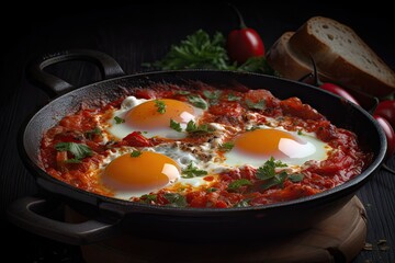 Shakshuka Breakfast, Healthy Vegetable Shakshouka with Eggs, Israel Shakshuka, Abstract Generative AI Illustration