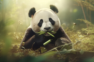 Obraz na płótnie Canvas cute panda eating bamboo