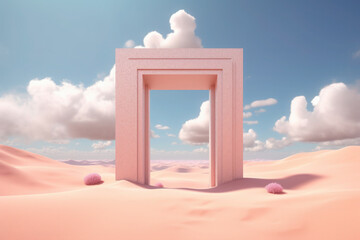 surreal pink landscape background with arch, blue sky. of mockup of presentation podium. generative ai, ai, generative