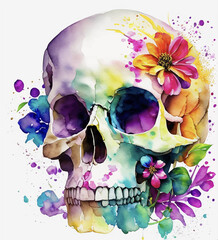 Human skull with flowers, Halloween. Ai generate