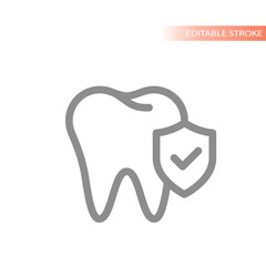 Tooth and shield with checkmark line vector icon. Dental insurance, protected and covered outlined symbol.