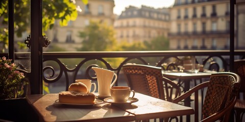 AI Generated. AI Generative. Cozy romantic decoration paris europe coffee shop on terrace. Vacation adventure love story vibe. Graphic Art - obrazy, fototapety, plakaty