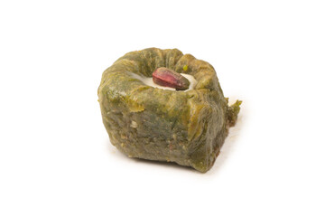 Turkish pistachio baklava isolated on white background.