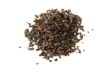 Dried tea leaves isolated on a white background.