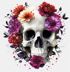 Human skull with flowers, Halloween. Ai generate