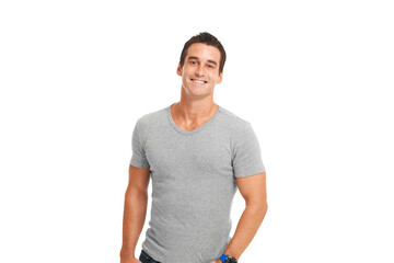 Obraz premium Happy man, portrait smile and standing isolated on a transparent PNG background in casual fashion. Creative, attractive or proud young muscular male model smiling in happiness for confidence or pride