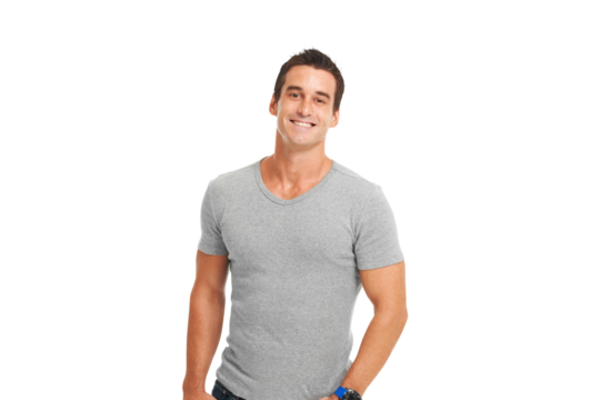 Happy man, portrait smile and standing isolated on a transparent PNG background in casual fashion. Creative, attractive or proud young muscular male model smiling in happiness for confidence or pride