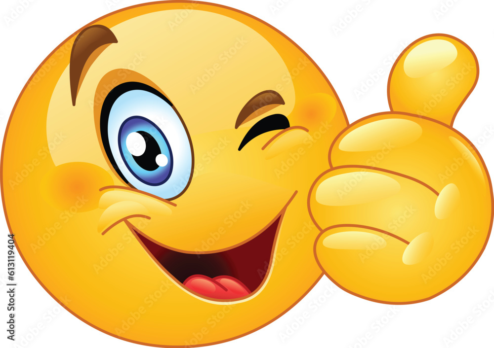 Sticker Happy emoji emoticon winking and showing thumb up, like gesture