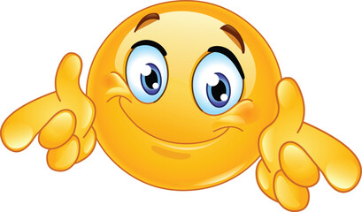 Happy emoji emoticon showing double thumbs up and pointing finger outward directly at the viewer