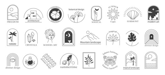 Bohemian linear tropical emblem template. Minimal abstract badges, modern line art Boho designs vector set