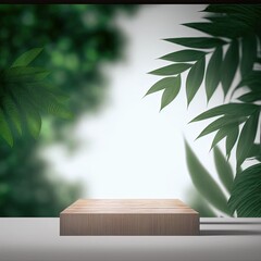 Free photo wooden product display podium with blurred nature leaves background generative ai