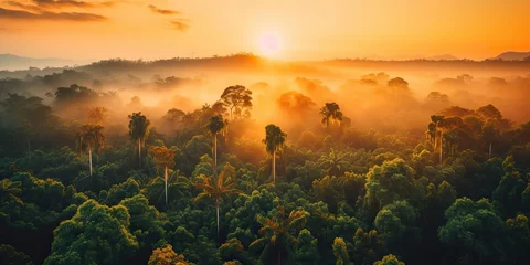 Tuinposter AI Generated. AI Generative. Beautiful green amazon forest landscape at sunset sunrise. Adventure explore air dron view vibe. Graphic Art © AkimD