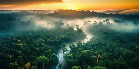 Fotobehang AI Generated. AI Generative. Beautiful green amazon forest landscape at sunset sunrise. Adventure explore air dron view vibe. Graphic Art © AkimD