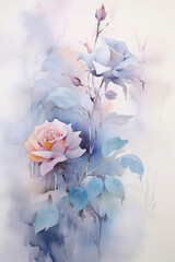 Watercolor composition with pink and white color rose and gray leaves.  