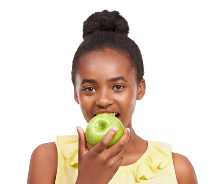 Apple, bite and portrait of teen girl isolated on a transparent, png background. Black child or happy teenager with fruit or healthy food for health, wellness or nutrition for development and growth