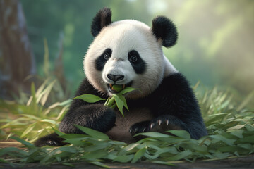 Plakat cute panda eating bamboo