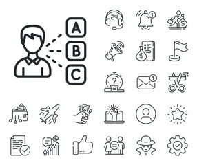 Select answer sign. Salaryman, gender equality and alert bell outline icons. Opinion or choice line icon. Business test symbol. Opinion line sign. Spy or profile placeholder icon. Vector