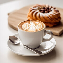 a cup of latte on a white wooden background, with a dessert