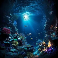 Naklejka na ściany i meble Dive into mesmerizing ocean depths and encounter the breathtaking beauty that lies beneath. Explore vibrant marine life and captivating seascapes in this awe-inspiring image. AI-Generated