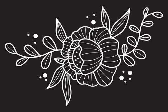 Flower and leaves outline. White chalk line flower arrangement on black background. Vector illustration. Linear openwork floral hand drawn for design and decor