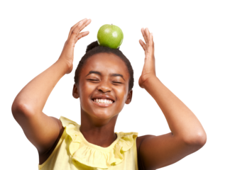 Happy black girl, smile and apple on head for natural nutrition isolated on a transparent PNG background. African female child, kid or teen smiling with fruit for balance, diet or healthy wellness