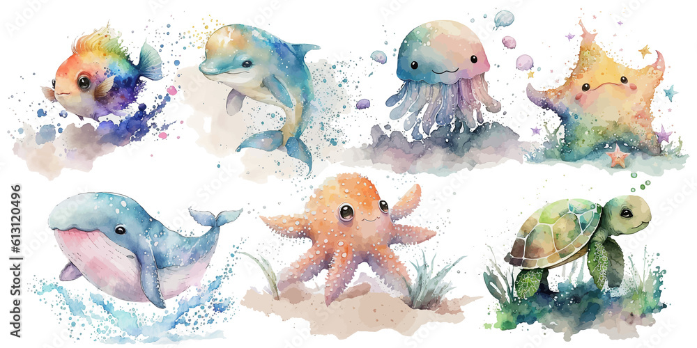 Sticker Safari Animal set fish, turtle, whale, dolphin, jellyfish, starfish in watercolor style. Isolated. Generative AI