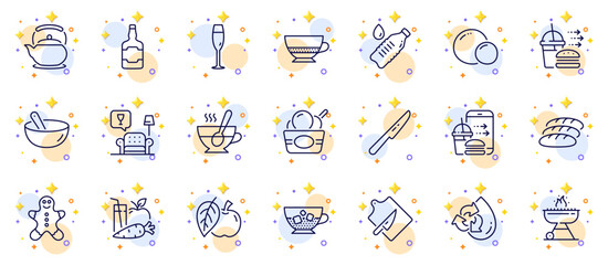 Outline set of Recycle water, Cooking mix and Champagne glass line icons for web app. Include Table knife, Teapot, Lounge pictogram icons. Food delivery, Juice, Food order signs. Vector