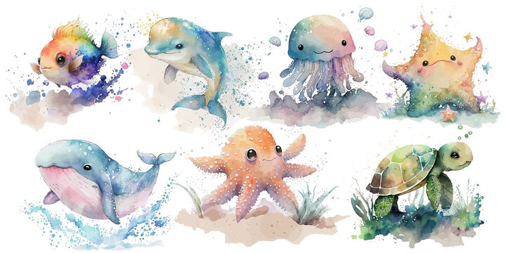 Safari Animal set fish, turtle, whale, dolphin, jellyfish, starfish in watercolor style. Isolated. Generative AI