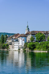 Olten, Stadt, Stadtturm, Aare, Fluss, Alte Brücke, Holzbrücke, Altstadt, Aareufer, historische Häuser, Sommer, Sommersonne, Sommertag, Solothurn, Schweiz
