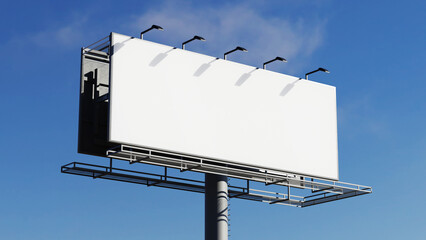 Blank outdoor billboard on blue sky background 8K high quality resolution. 3D realistic illustration of a large billboard  - obrazy, fototapety, plakaty