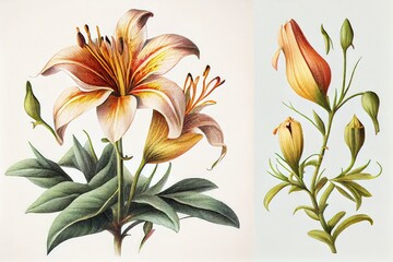 Lilly Flower Botanical Illustration, Lily Flowers Realistic Painting, Abstract Generative AI Illustration