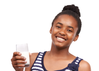Happy black girl, face and glass of milk for calcium, diet or protein isolated on a transparent PNG background. Portrait of African female teen smile and dairy drink for vitamin A, fiber or potassium