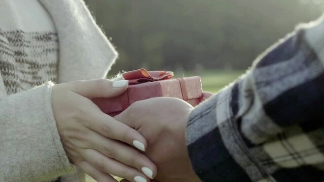 Boy gives a gift box to his girlfriend. It is a tiny pink box with ribbon. It is birthday gift, secret surprise or romantic proposal. In slow motion footage hands pass gift to other person.