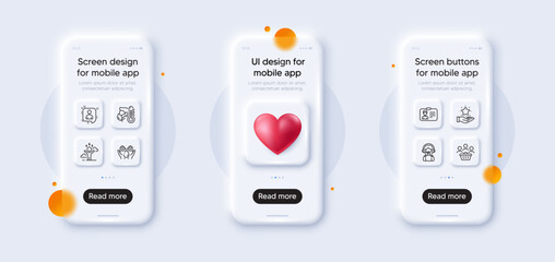 Naklejka na ściany i meble Buyers, Support and Loyalty program line icons pack. 3d phone mockups with heart. Glass smartphone screen. Wash hands, Developers chat, Sick man web icon. Vector