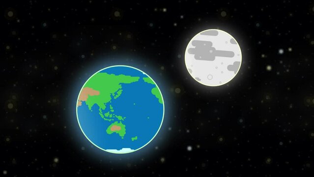 earth and moon in space, vector style motion graphic like kurzgesagt. Cartoon stylized kids. 