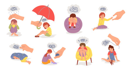 Children therapy. Kid support, cognitive and mental development. Child trauma and fears treatment vector illustration set