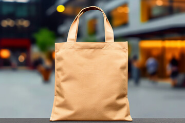 Mockup shopper tote bag handbag on supermarket mall background. Copy space shopping eco reusable bag. Grocery accessories. Template blank cotton material canvas cloth. Tote bag mockup. Ai generative