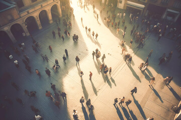 Top view of the city square with a crowd of people walking around. Crowd small figures of unrecognizable people walking in town square, city life concept. Generative AI