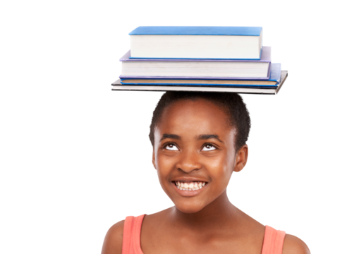Head, education or black girl with books, study or knowledge isolated against a transparent background. Female student, smile or young person with happiness, school or literature with png or learning