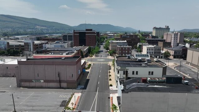 Downtown Williamsport, Pennsylvania with drone video moving in.