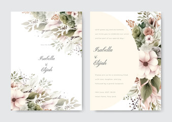 Vintage watercolor floral wedding invitation card template with hand drawn flower and leaves