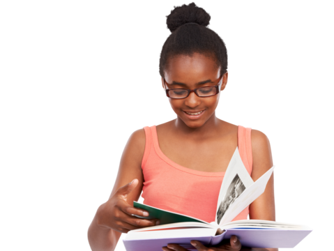 Black girl, glasses or student reading book for knowledge isolated on png transparent background. Teenager, education or happy school pupil learning or studying textbook notes research in scholarship