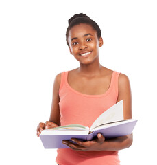 Black girl, portrait or happy student reading notebook isolated on png transparent background. School, education or female teenage pupil learning, smiling or studying textbook for academy scholarship