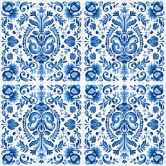 Delft blue dutch seamless pattern. Floral blue seamless pattern. Vintage dutch tile decor. - obrazy, fototapety, plakaty