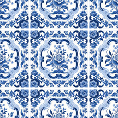 Delft blue dutch seamless pattern. Floral blue seamless pattern. Vintage dutch tile decor.