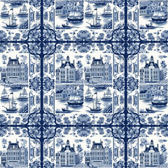 Delft blue dutch seamless pattern. Holland blue decor, landscapes, dutch houses, windmills.
