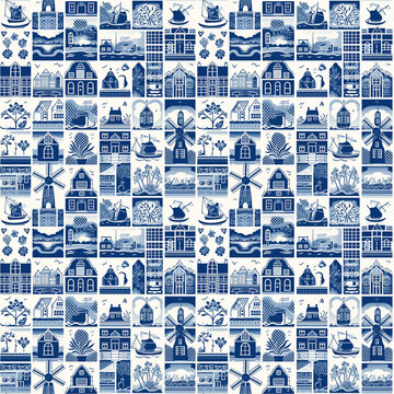 Delft blue dutch seamless pattern. Holland blue decor, landscapes, dutch houses, windmills.