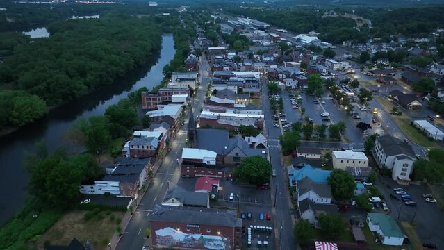 Downtown Milton, Pennsylvania with drone video pulling back.